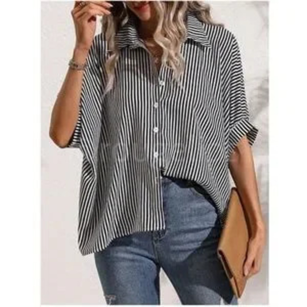 Striped Black White Button Up Front Shirt Oversized Batwing Half Sleeve V-Neck - Picture 4 of 5